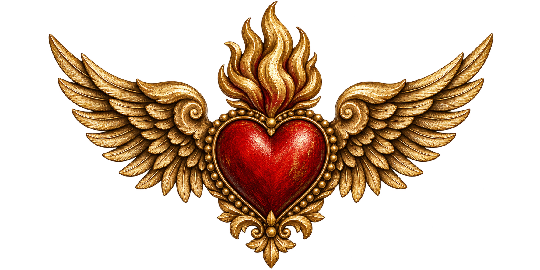 Golden winged heart with a red center and flame — The Alchemy of the Heart